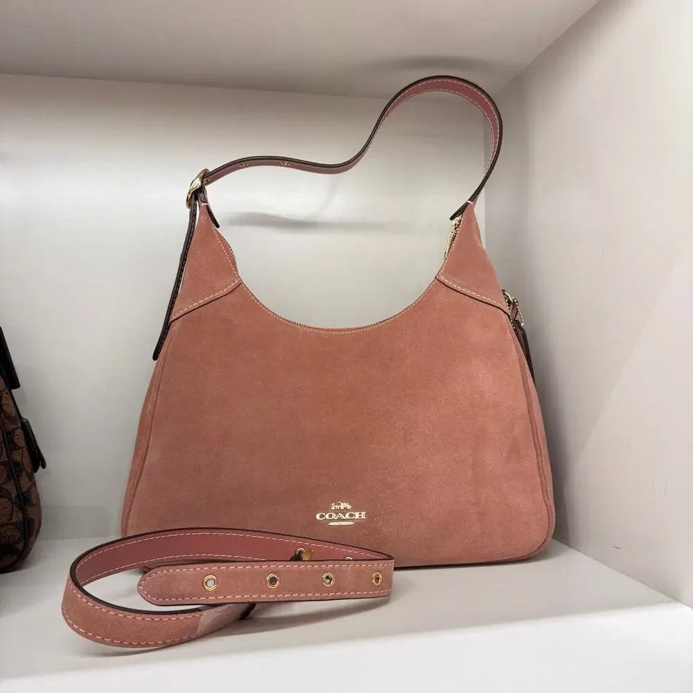 NEW‼️Coach Ella Shoulder Bag CET38  suede/Gold/Blush Pink